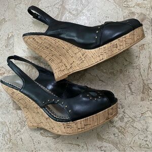 Black Faux Leather SlingBack Platform Wedge Open Toe Sandal City Snappers Size 6